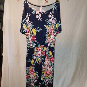 Celeste | Dark Blue Floral Maxi Dress | Medium | Rayon Spandex | Pockets